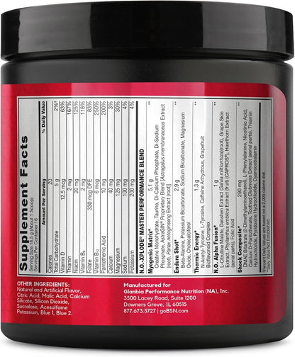 N.O.-XPLODE Pre Workout Powder, Energy Supplement for Men and Women with Creatine and Beta-Alanine, Blue Raz, 16 Servings, 0.65 Pound