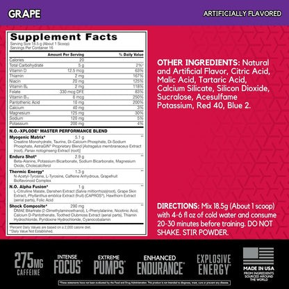 N.O.-XPLODE Pre Workout Powder, Energy Supplement for Men and Women with Creatine and Beta-Alanine, Grape, 16 Servings, 0.65 Pound (Packaging May Vary)