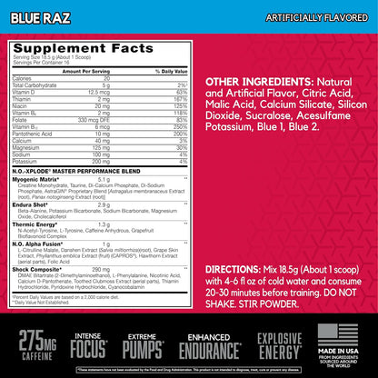 N.O.-XPLODE Pre Workout Powder, Energy Supplement for Men and Women with Creatine and Beta-Alanine, Blue Raz, 16 Servings, 0.65 Pound