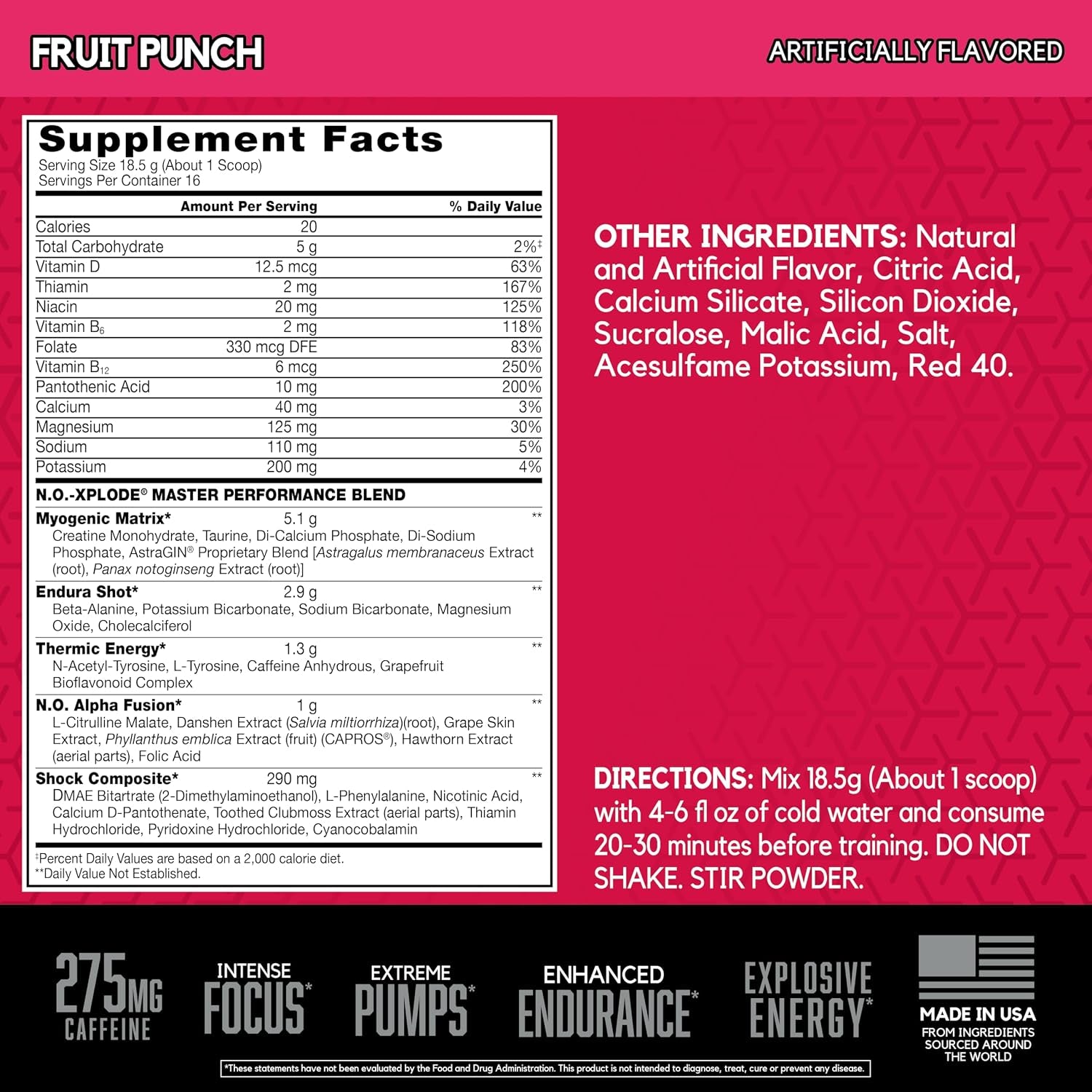 N.O.-XPLODE Pre Workout Powder, Energy Supplement for Men and Women with Creatine and Beta-Alanine, Fruit Punch, 16 Servings, 0.65 Pound