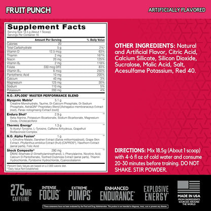 N.O.-XPLODE Pre Workout Powder, Energy Supplement for Men and Women with Creatine and Beta-Alanine, Fruit Punch, 16 Servings, 0.65 Pound