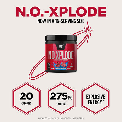 N.O.-XPLODE Pre Workout Powder, Energy Supplement for Men and Women with Creatine and Beta-Alanine, Blue Raz, 16 Servings, 0.65 Pound