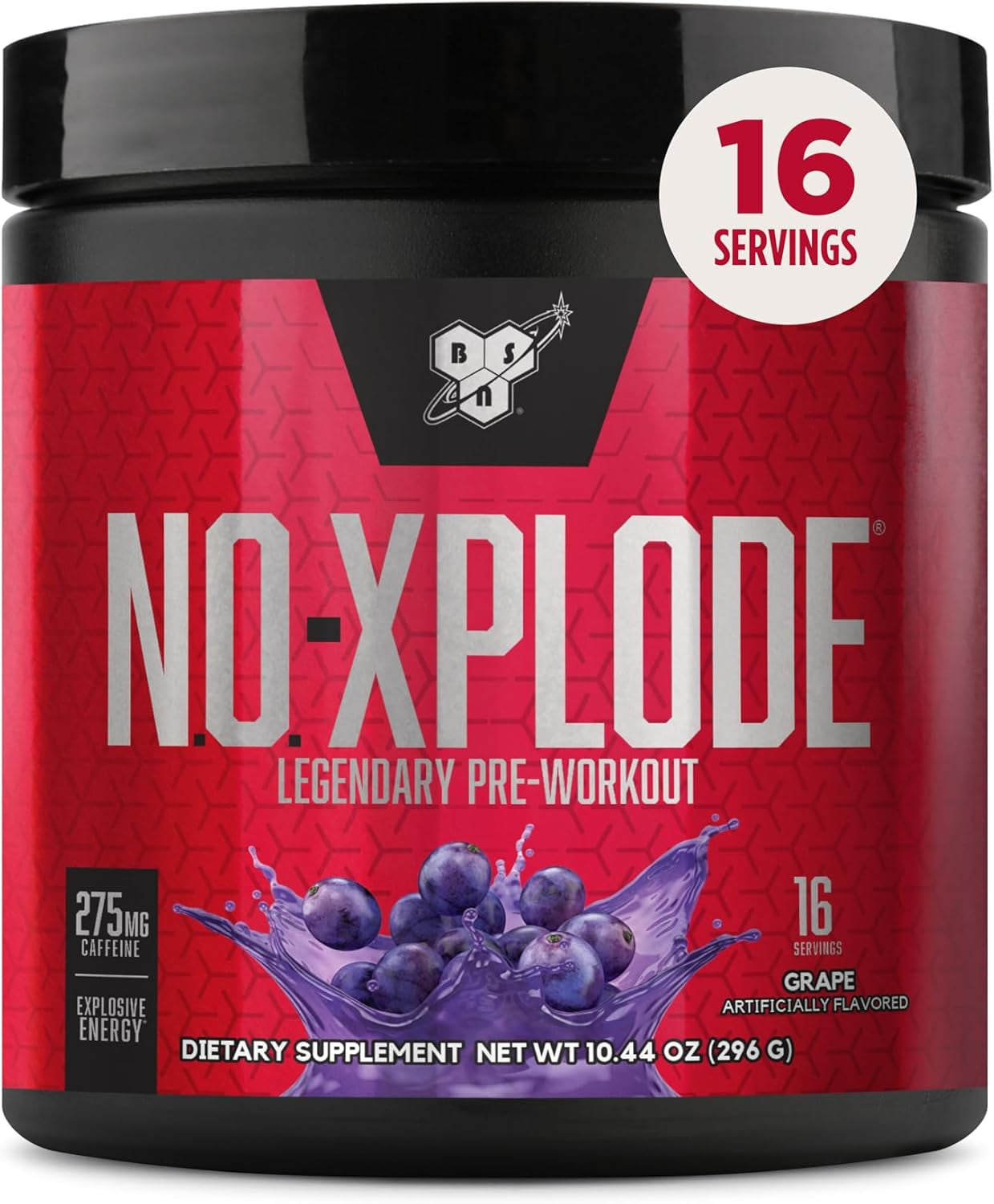 N.O.-XPLODE Pre Workout Powder, Energy Supplement for Men and Women with Creatine and Beta-Alanine, Grape, 16 Servings, 0.65 Pound (Packaging May Vary)