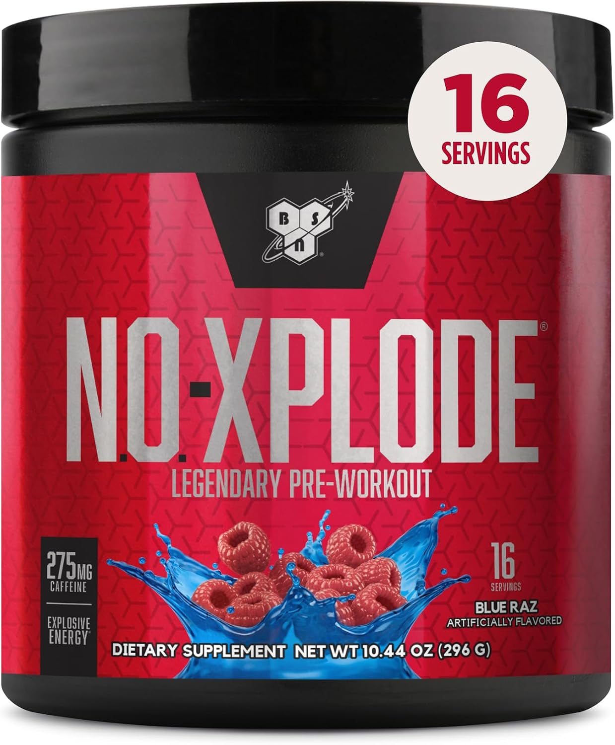 N.O.-XPLODE Pre Workout Powder, Energy Supplement for Men and Women with Creatine and Beta-Alanine, Blue Raz, 16 Servings, 0.65 Pound