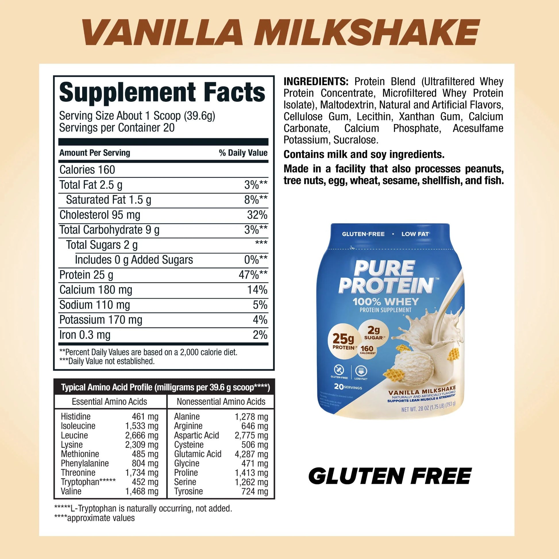 100% Whey Protein Powder, Vanilla Cream, 25G Protein, 1.75 Lbs
