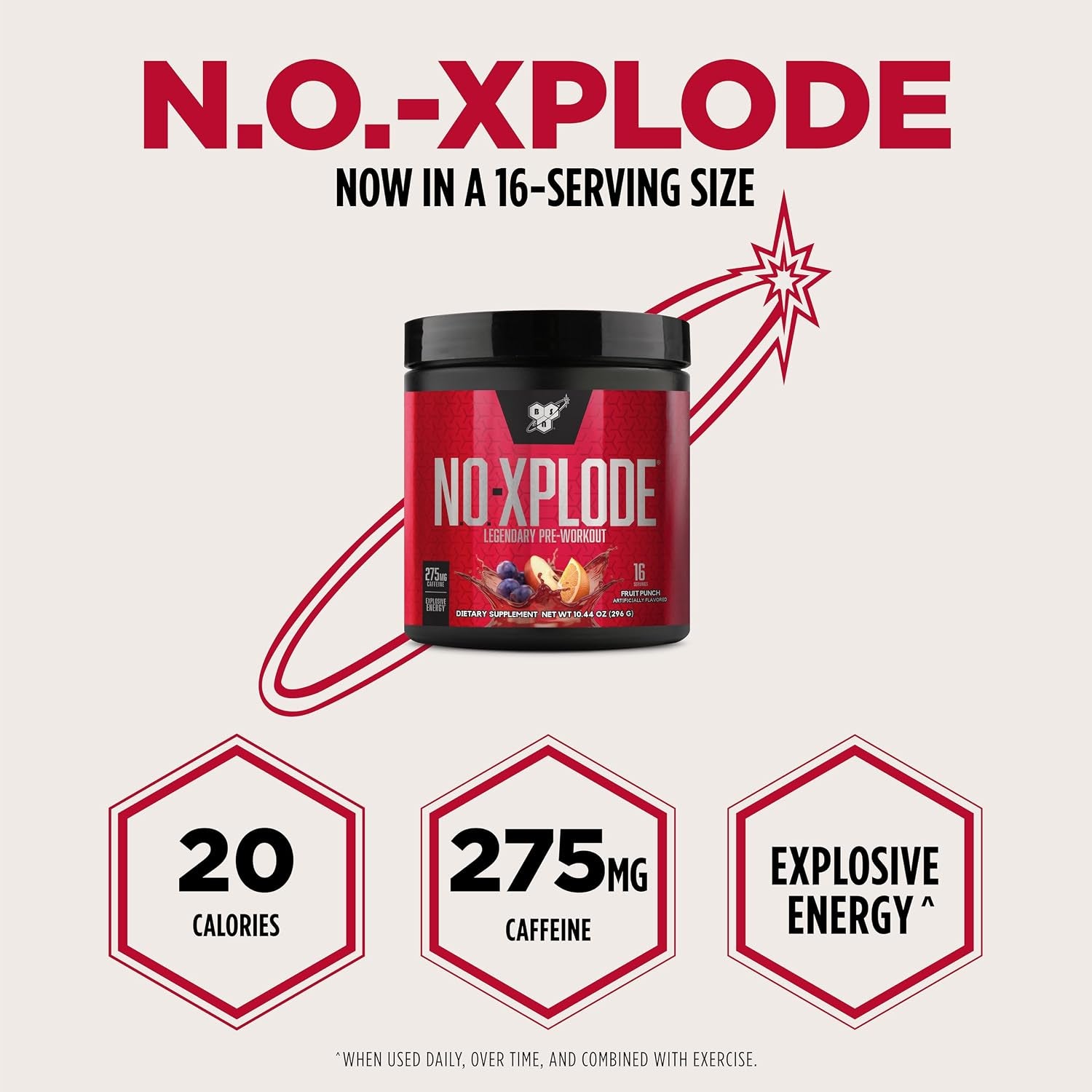 N.O.-XPLODE Pre Workout Powder, Energy Supplement for Men and Women with Creatine and Beta-Alanine, Fruit Punch, 16 Servings, 0.65 Pound