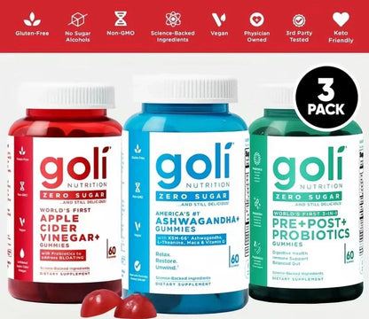 3 Bottles Goli Zero Sugar Best Seller Trio Set Gummies, 60 Counts per Bottle