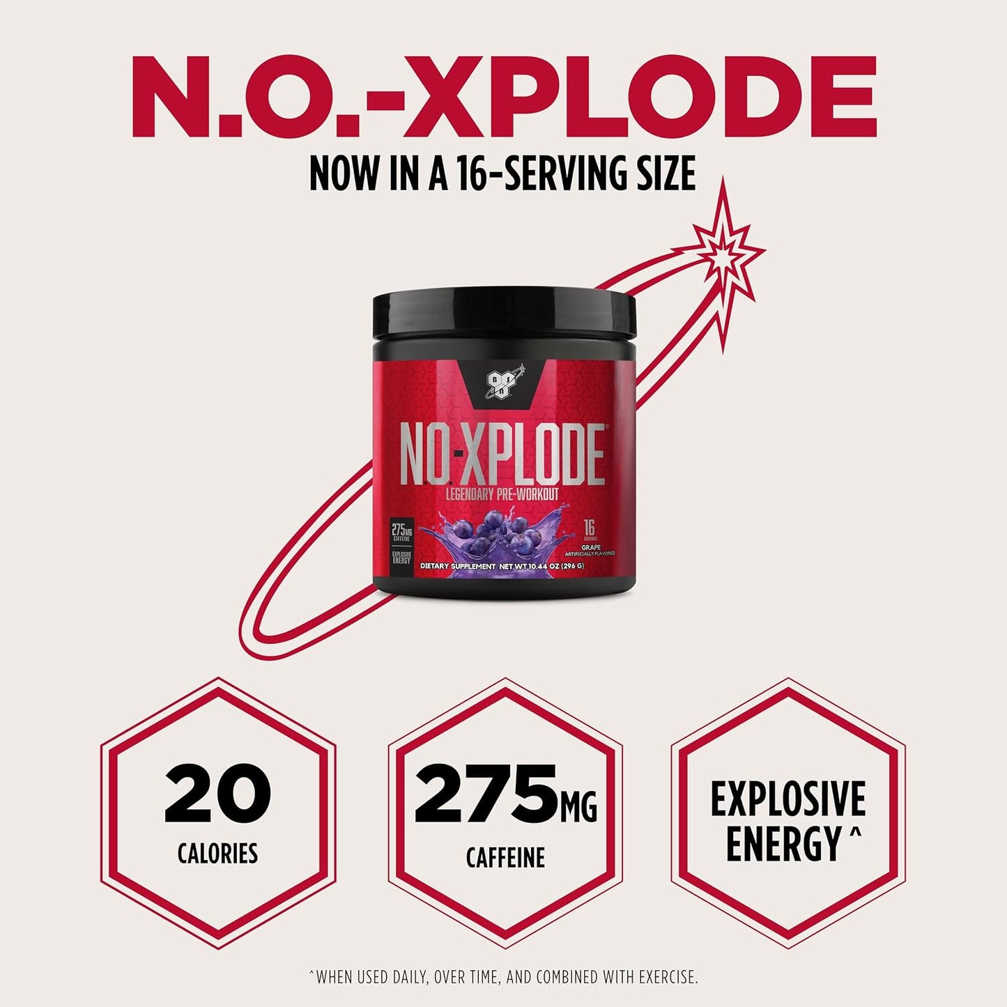 N.O.-XPLODE Pre Workout Powder, Energy Supplement for Men and Women with Creatine and Beta-Alanine, Grape, 16 Servings, 0.65 Pound (Packaging May Vary)